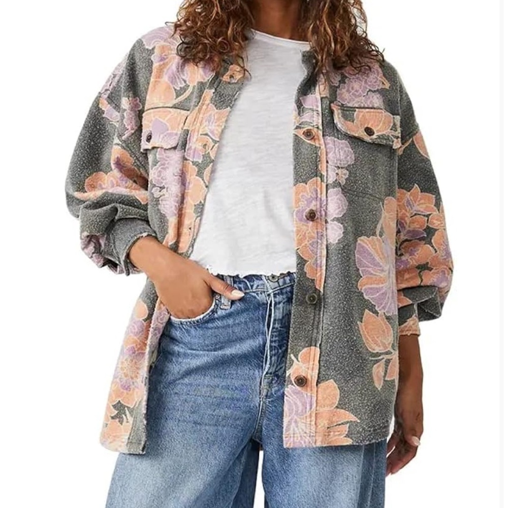Free People Women's Printed Ruby Shirt Jacket, Charcoal Combo. Size Medium